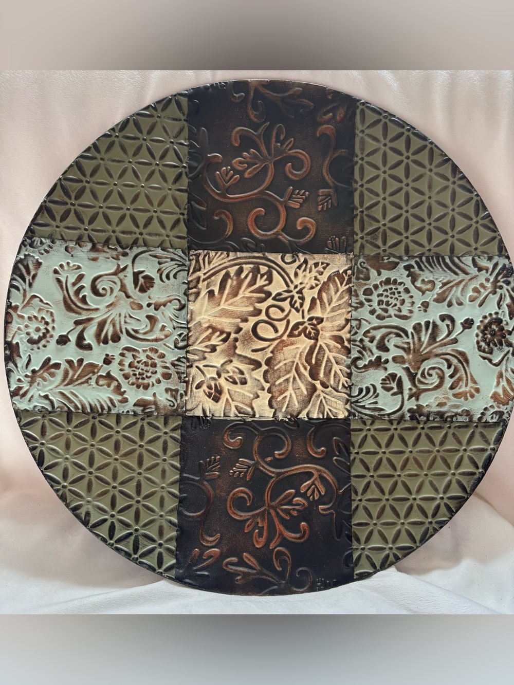 Decorative Embossed Metal Wall Art/Tray - Green, Turquoise & Brown